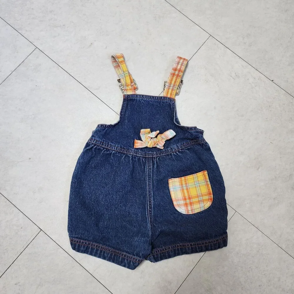 Vintage Liberty Orange Slice Plaid Pocket Bow Cotton Blue Denim Overalls Sz 18M